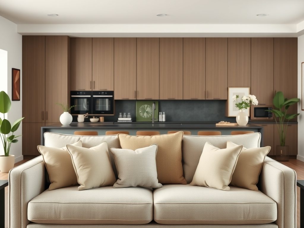 Sofa tyłem do kuchni jako sprytny sposób na wyraźny podział stref w salonie z aneksem kuchennym