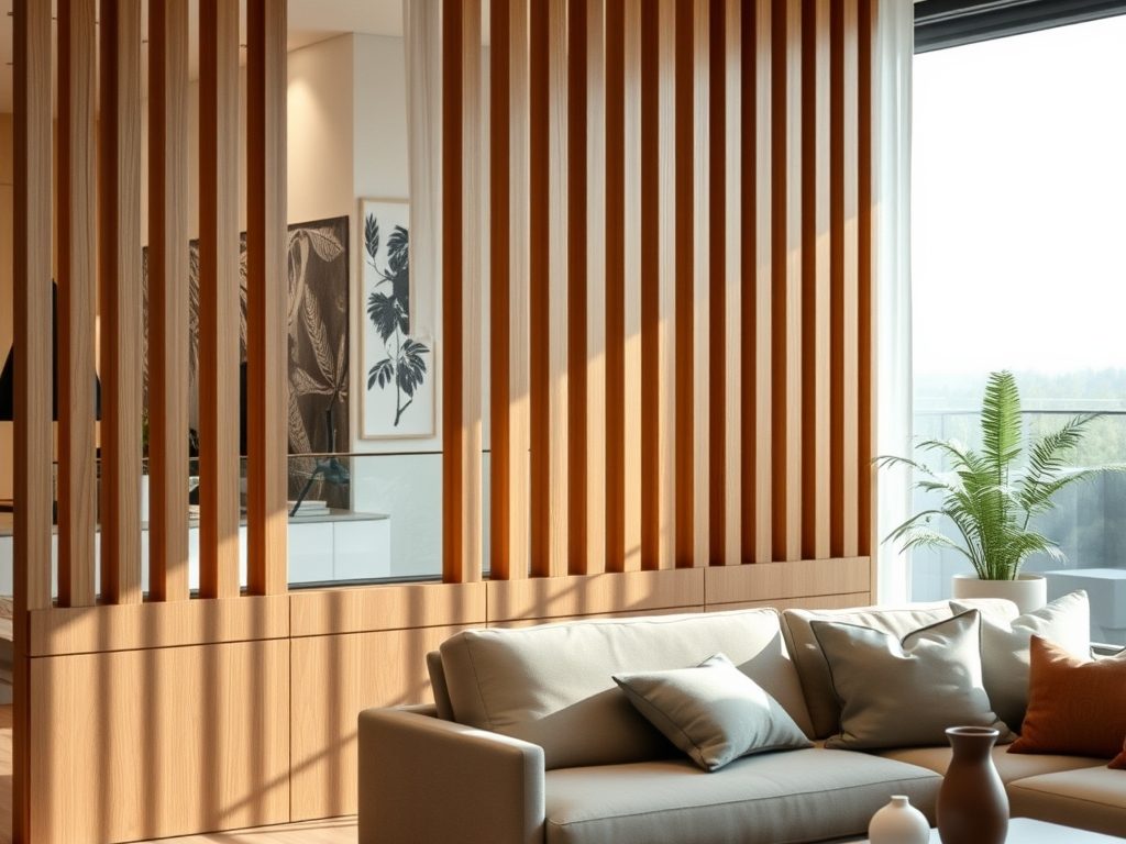 Lamele jako lekka ścianka działowa w salonie: funkcjonalny podział stref i stylowa dekoracja