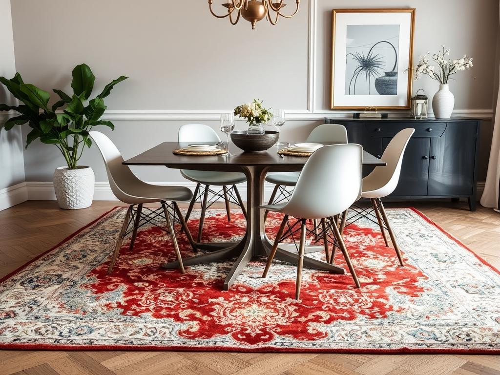 Dywan pod stół w salonie z jadalnią: jak wybrać rozmiar, materiał i kształt, by połączyć styl z funkcjonalnością