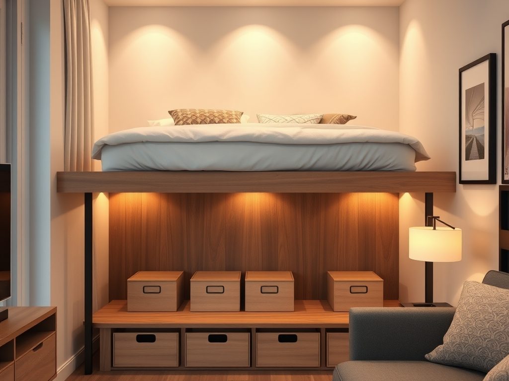 Podest pod łóżko w kawalerce jako sposób na wygodne wydzielenie sypialni i dodatkową przestrzeń do przechowywania